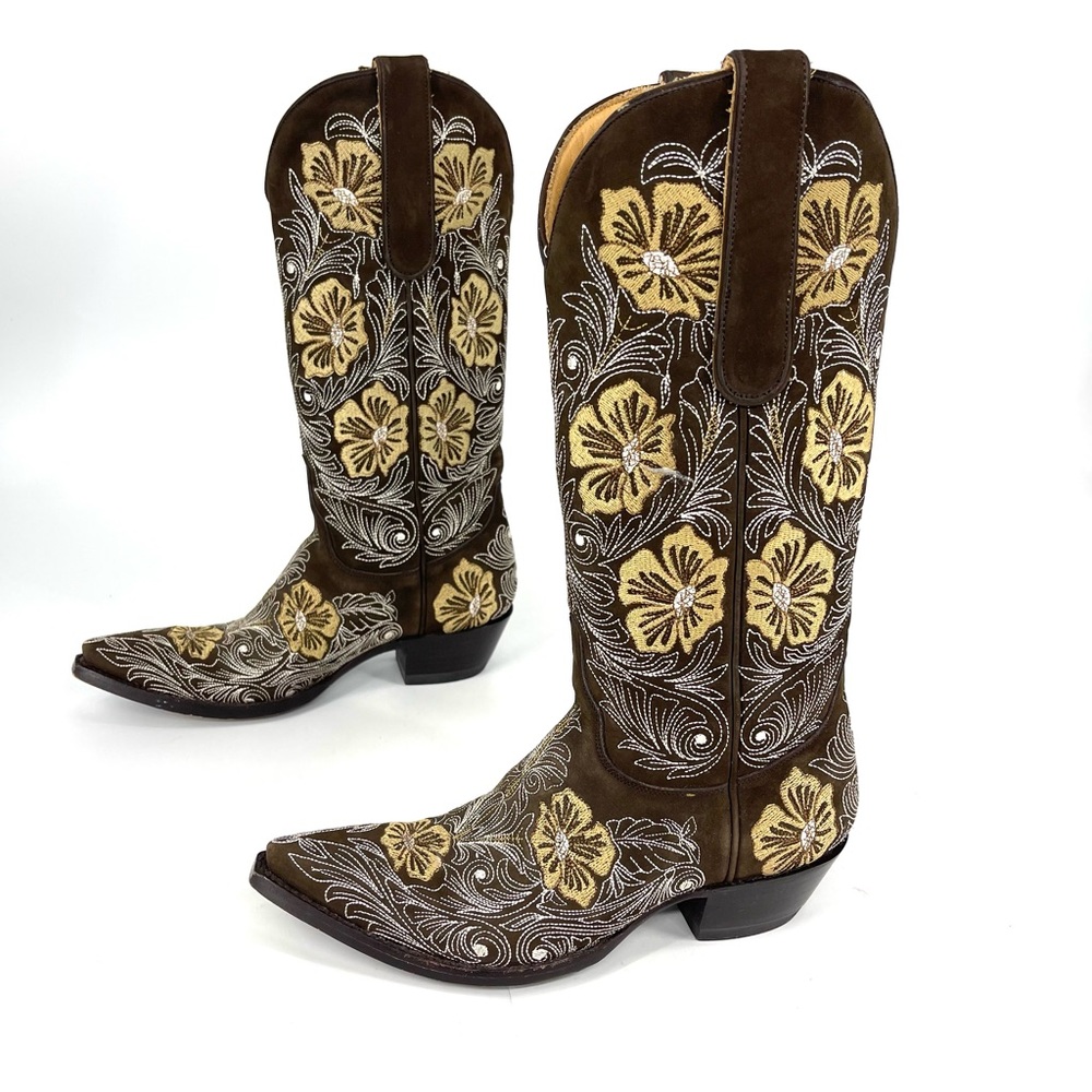 ✨Old Gringo Brown Leather Embroider Tan Butter Yellow Floral Heel Boot 6.5 Rodeo - Picture 5 of 16